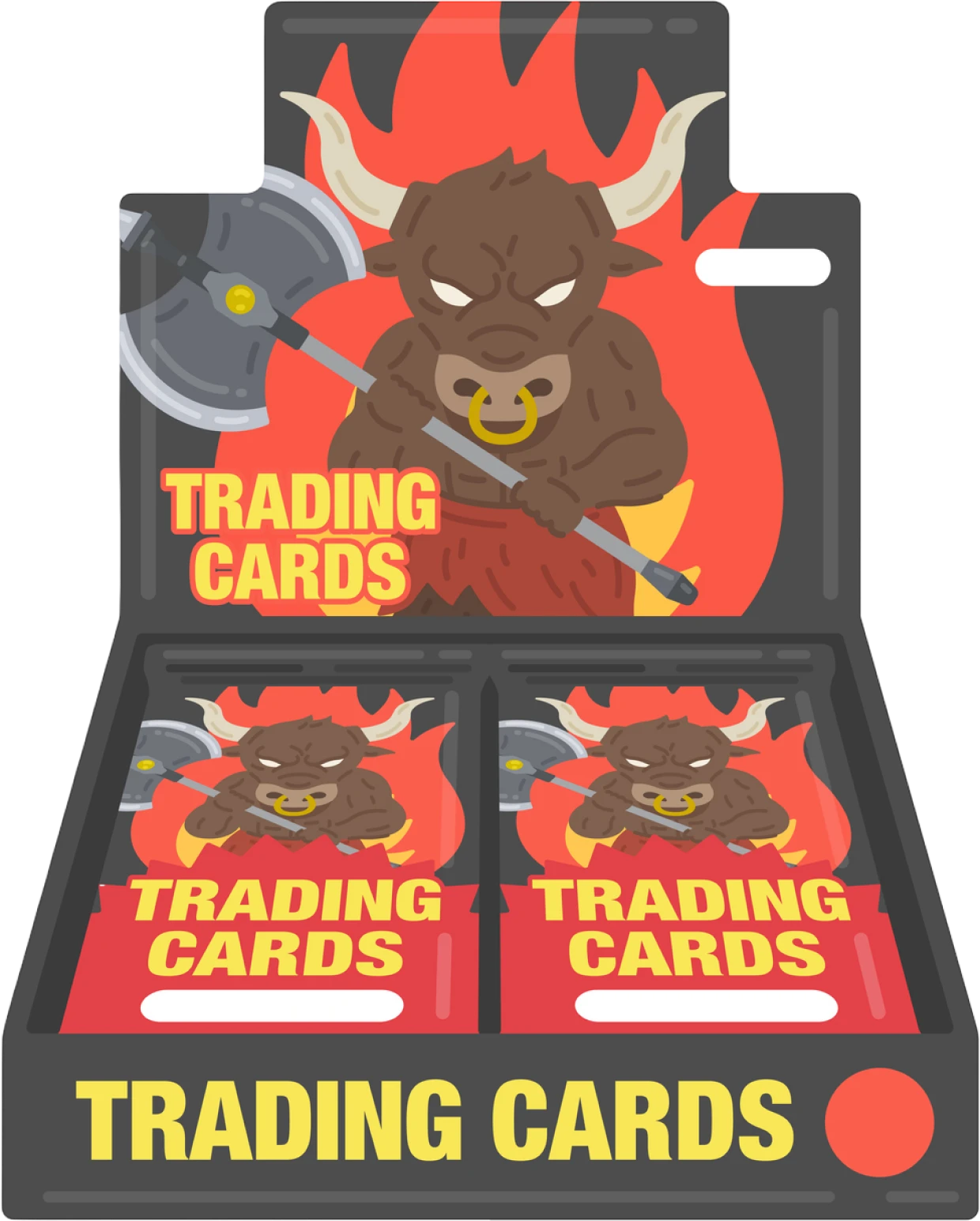 Display box of bull-themed trading cards.