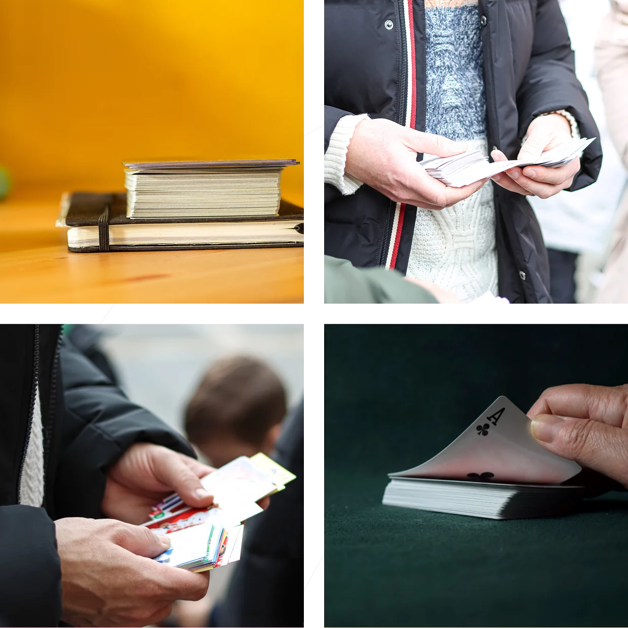 Collage of hands with cards and stacked books